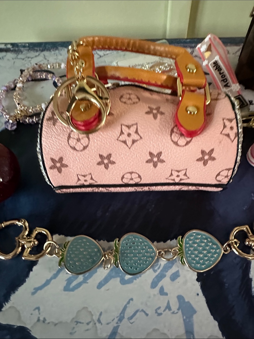 Pink Mini Designer-Inspired Kids Handbag Keychain with Gold Accents 8 pieces - Picture 3 of 8